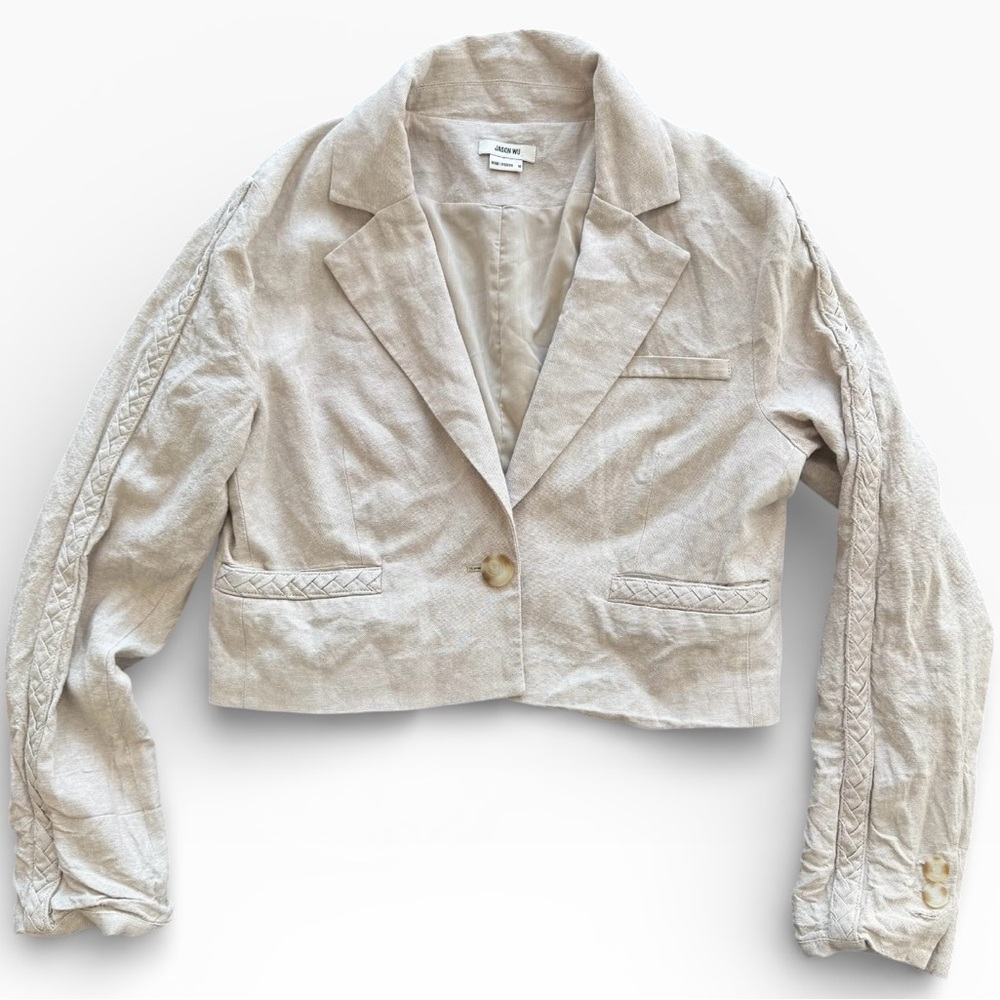 Jason Wu Linen Blend Cropped Lightweight Blazer Beige Women’s Size Med Coastal